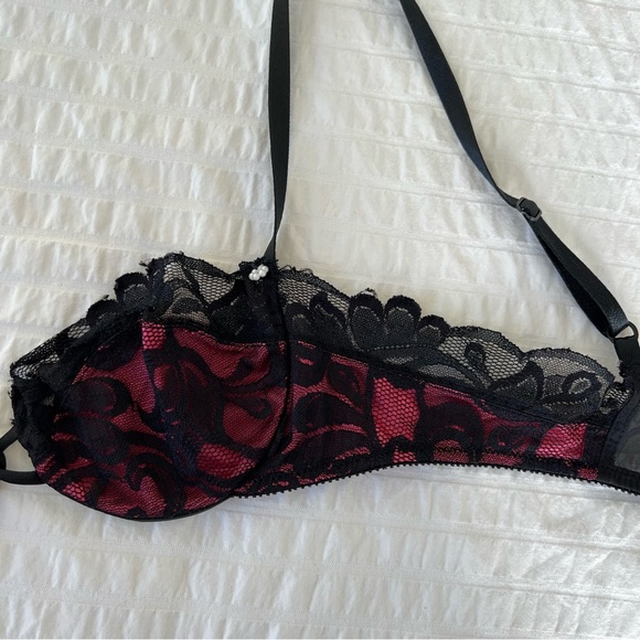 Rare VTG 1980s Victoria's Secret Pink and Black Lace Balconette Bra, 34B - Picture 8 of 11